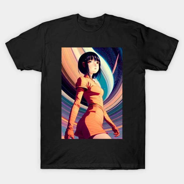 anime girl by saturn rings T-Shirt by DesignDome